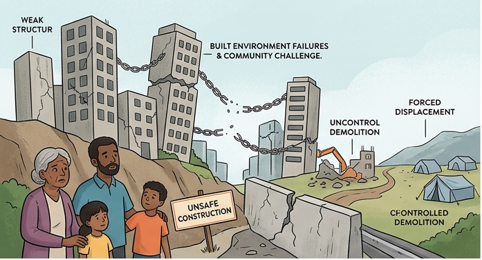 Illustration of unstable built environments, systemic gaps, and vulnerable communities