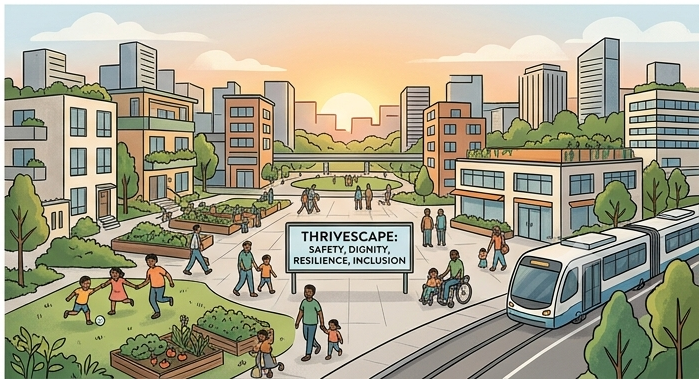 Illustration of a thriving, inclusive, and modern city with green infrastructure